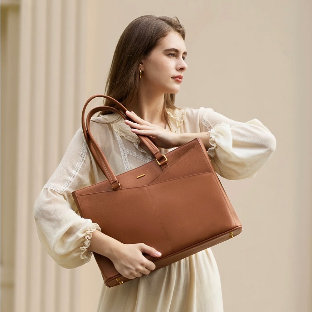 LOVEVOOK Elevate Top-Grain Leather Laptop Tote Work Bag Brown Gold Hardware
